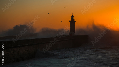Lighthouse of the Felgueiras during a amazing sunset, Porto, Portugal.