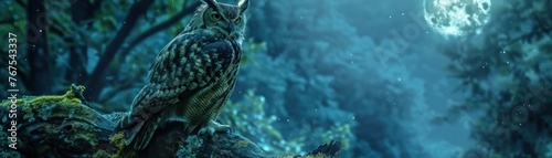 Wise owl in ancient forest moonlit night