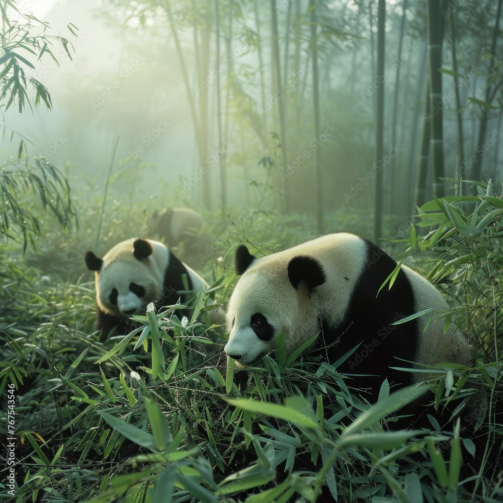 Misty morning in bamboo forest pandas feeding