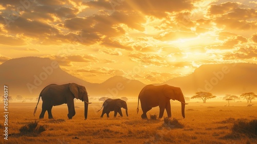 Majestic elephants at dawn golden light