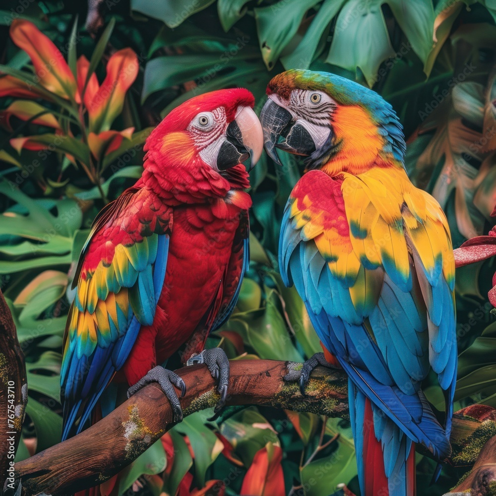 Obraz premium Colorful parrots sharing a moment vibrant foliage