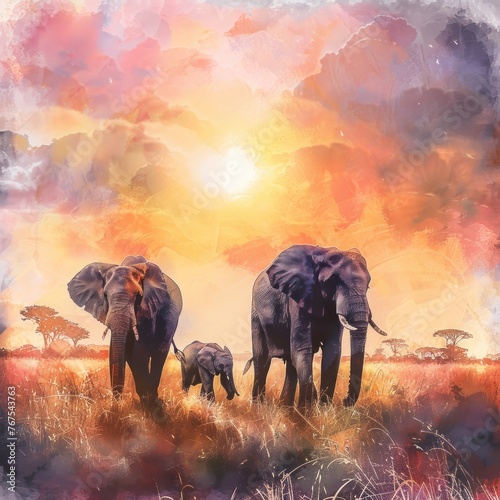 A serene watercolor painting of a majestic elephant family wandering through the African savanna at sunset space for inspirational quote