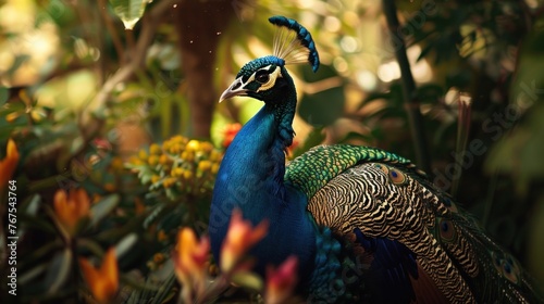 Bold peacock displaying feathers lush garden