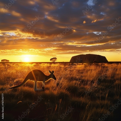 Australian outback at sunset kangaroos hopping photo