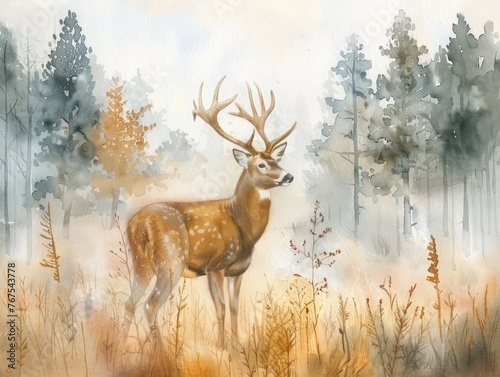 A serene deer in a misty forest clearing watercolors blend softly