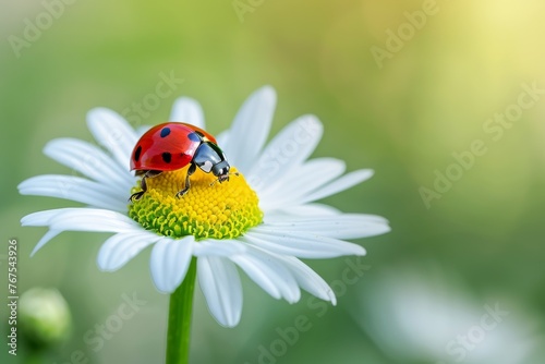 Daisy with ladybug on sunny background