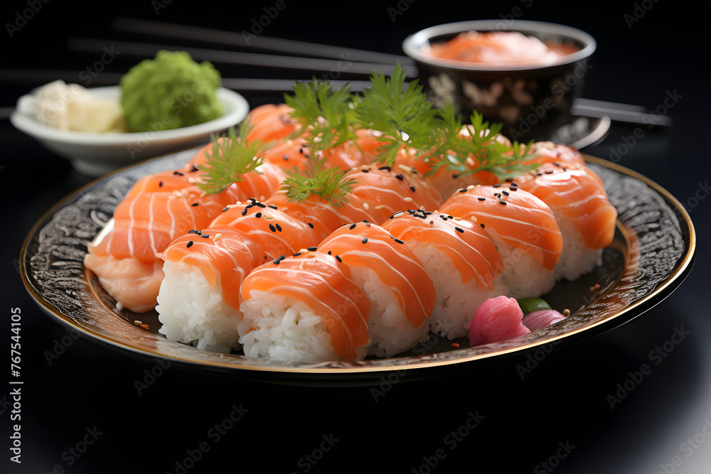 Sushi set on black background. Sushi roll with salmon, tuna, eel, caviar, cream cheese, wasabi and ginger.. Sushi menu. Japanese food Sushi set on black background. Sushi roll with salmon, tuna, eel, caviar, cream cheese, wasabi and ginger.. Sushi menu. Japanese food