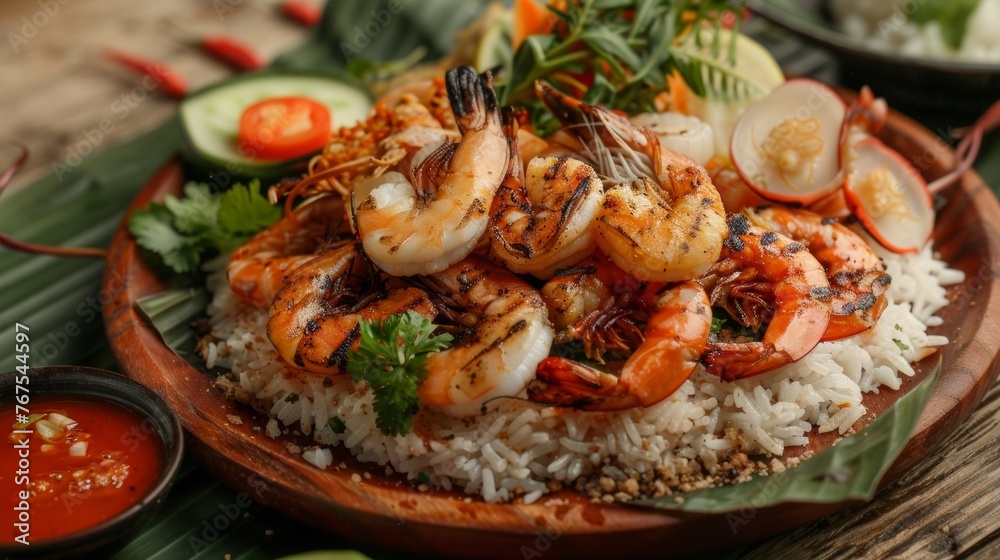 A mouthwatering spread of grilled seafood including shrimp squid and scallops served on a bed of aromatic rice and paired with a tangy dipping sauce.