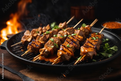 Chicken satay on the grill with sauce, delicious restaurant food menu