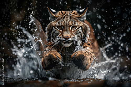 a close up of a Eurasian lynx in the water with a splash of water on it s face and it s face.