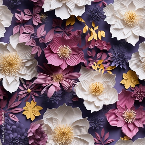 Seamless pattern with beautiful volumetric flowers. Papercut design