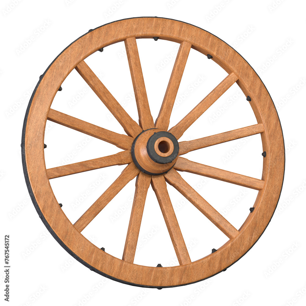Old wooden wheel isolated on white, 3d render