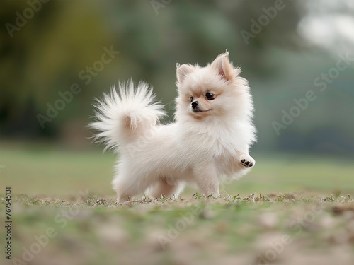 Paw up, white Spitz puppy standing outside