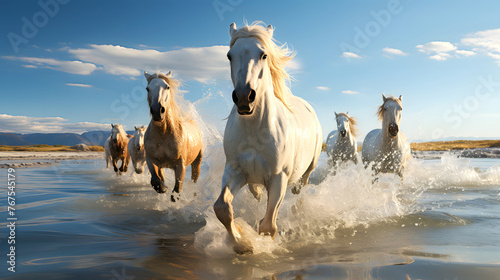 Thoroughbred muscular horses running on the water near the shore. mammal. biology and fauna