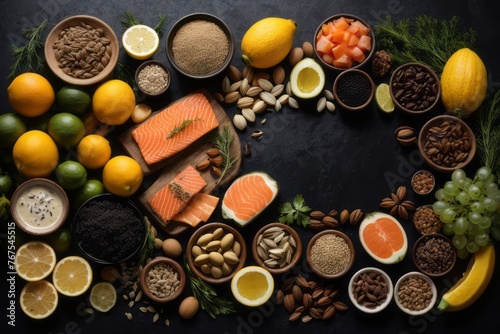 Top view of various omega 3 foods fruit vegetables meat fish on dark background