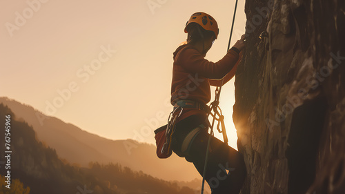 A woman is climbing a rock wall with a yellow helmet on. The sun is setting in the background, creating a warm and peaceful atmosphere
