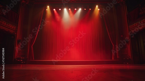 A stage with red curtains and lights on it.