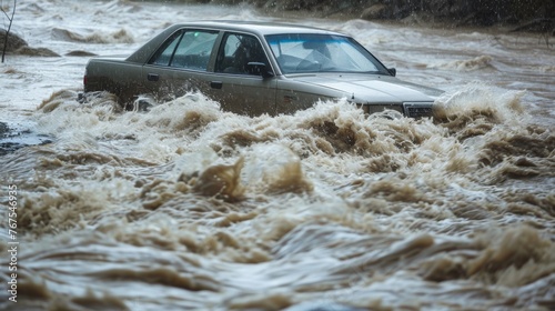 A car being swept away by a raging river highlighting the dangers of flash floods caused by climate change.