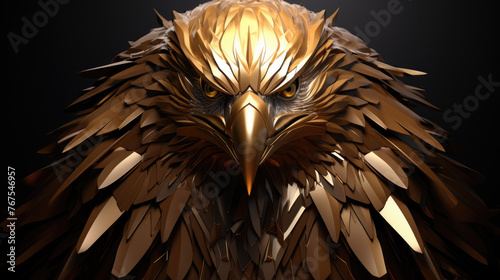 3d metallic golden eagle, hawk or phoenix face / head on black beautiful texture background. Beautiful 3D print design for interior, wall, wallpaper, canvas. Video game logo