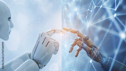 Machine learning, Hands of robot and human touching on big data network connection background, Science and artificial intelligence technology, innovation and futuristic