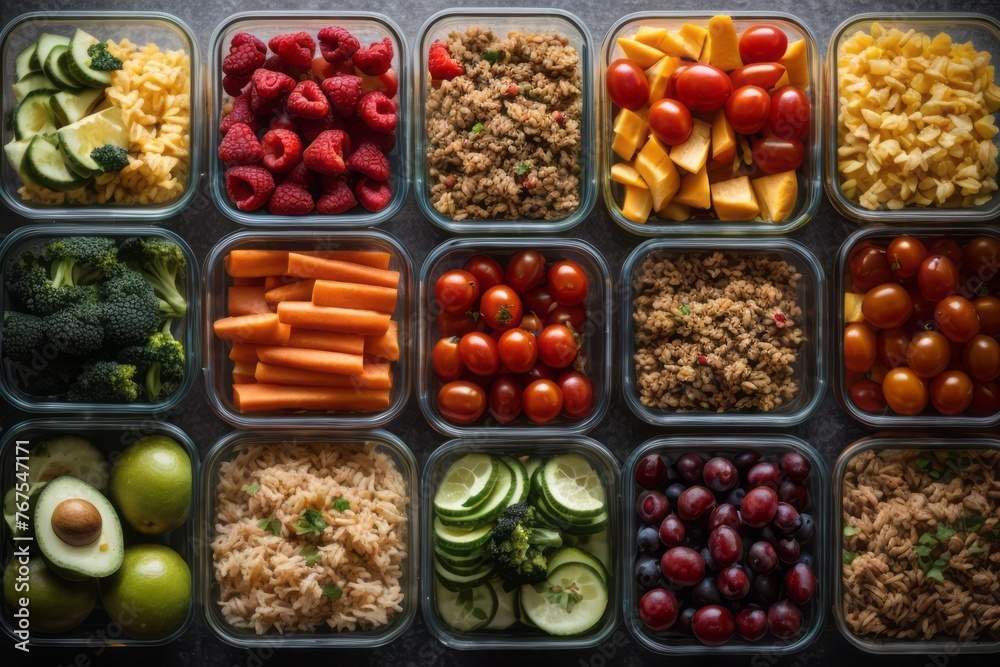 top view of various healthy foods in lunch containers for work or school top view of various healthy foods in lunch containers for work or school