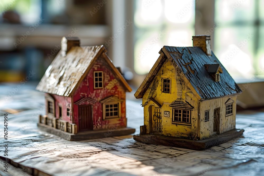 wooden model of a house on a table with drawings. construction and architecture wooden model of a house on a table with drawings. construction and architecture