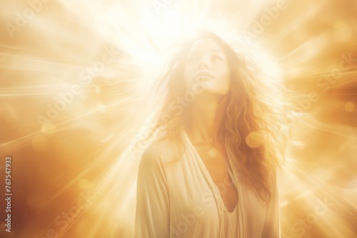 a woman draped in a stunning gold dress, framed by a backdrop of luminous golden light flares.