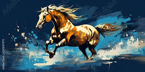 Firefly Art painting, dark blue background, gold horse, run on water, wall art, modern artwork © Mena Mamdouh