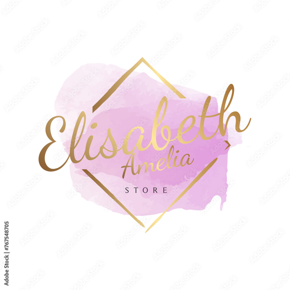 Beauty logo with watercolor texture and gold glitter