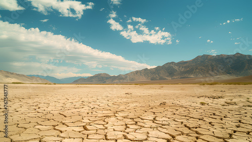 A desolate desert landscape with a few clouds in the sky. The sky is blue and the sun is shining