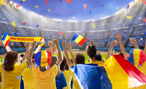 Romania football team supporter on stadium.