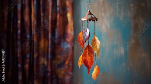 Autumn a close up of a leaf its vibrant colors set against the backdrop of a gently swaying wind chime creating a tranquil and harmonious scene