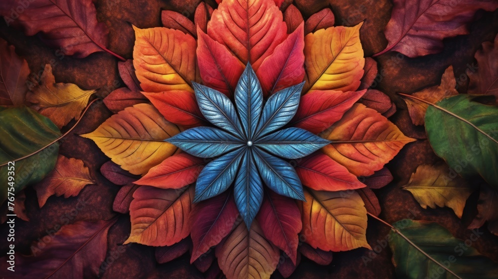Autumn a close up of a leaf its vibrant hues set against the backdrop of a mesmerizing hand painted mandala showcasing the beauty of symmetry and spiritual connection