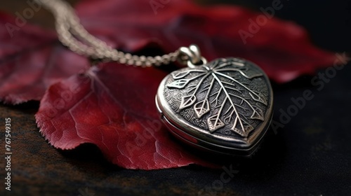 Autumn a close up of a leaf its vibrant hues set against the backdrop of a beautifully engraved antique silver locket celebrating the beauty of sentiment and keepsakes