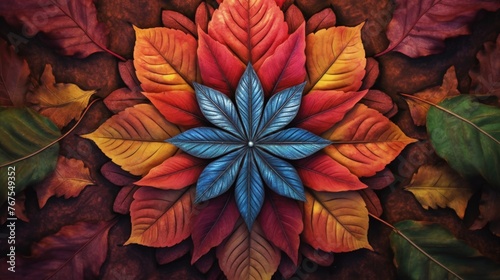 Autumn a close up of a leaf its vibrant hues set against the backdrop of a mesmerizing hand painted mandala showcasing the beauty of symmetry and spiritual connection