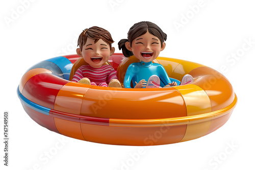 A joyful 3D cartoon render of happy children riding on a summer toboggan.
