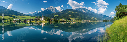 Beautiful European small town by the lake and mountain