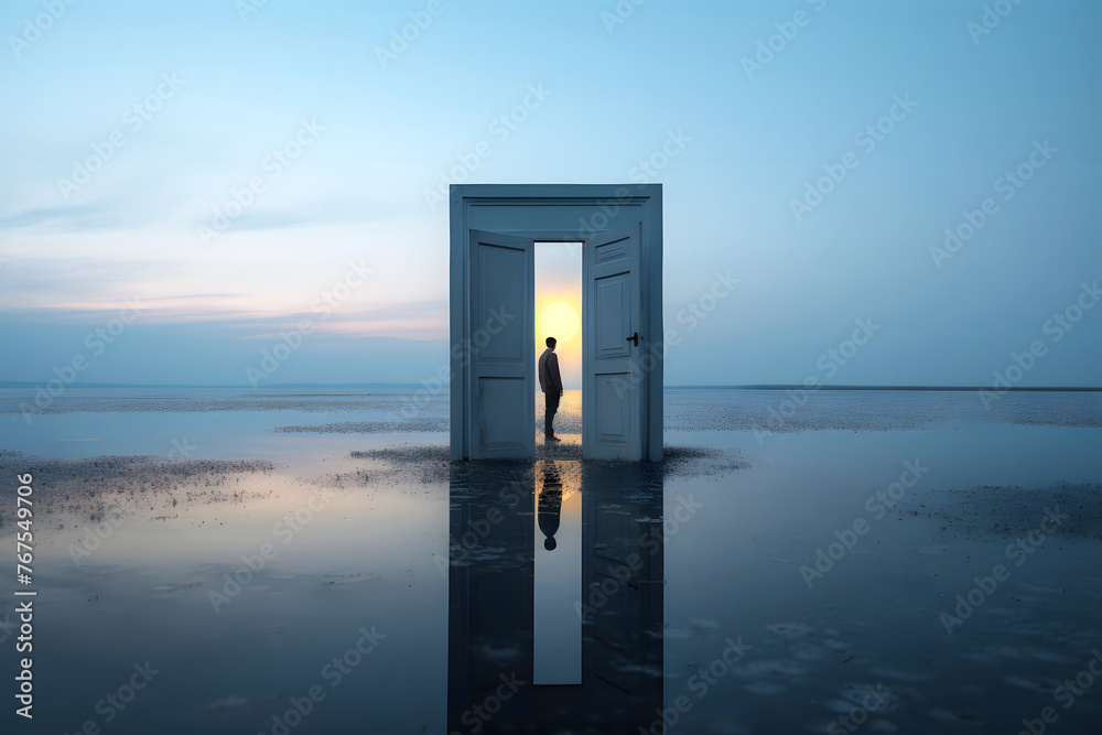 silhouette of a man in an open door in nature. the concept of going through a portal to another world. fantasy of transformation of another dimension of the universe