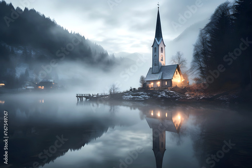 light in the windows of the Catholic Church against the backdrop of evening fog in the mountains. religion and christianity
