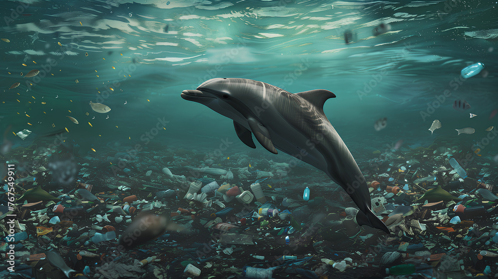 A dolphin is swimming in the ocean with trash floating around it ...