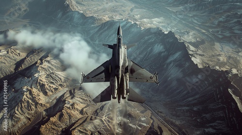 Military fighter planes are flying
