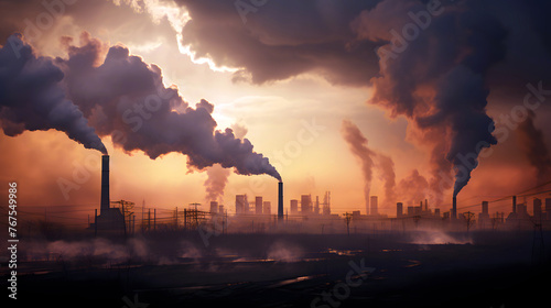 toxic smoke from the chimneys of industrial enterprises against the backdrop of sunset. harm and air pollution from oil refining and the metal industry. ecology and chemical smog photo