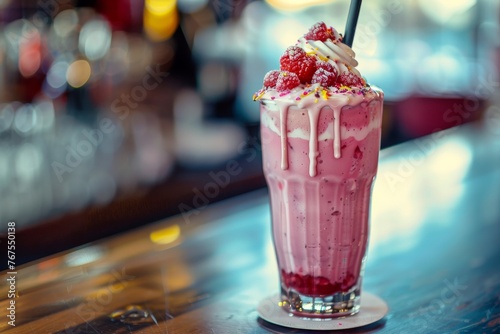 Pink milkshake with raspberries and whipped cream, indulgent treat