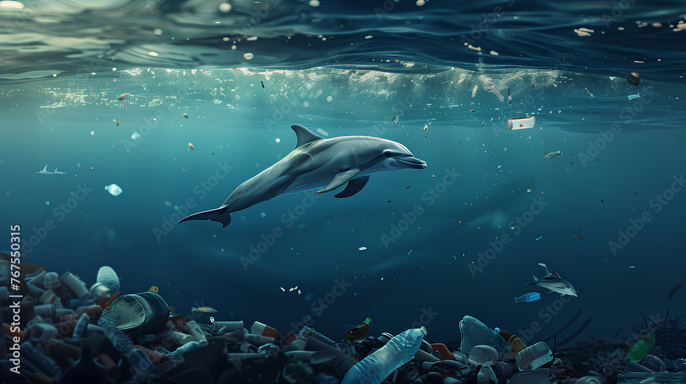 A dolphin is swimming in the ocean with trash floating around it. Concept of sadness and concern for the environment, as the dolphin is surrounded by plastic waste