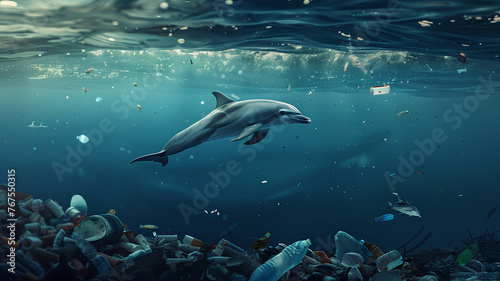 A dolphin is swimming in the ocean with trash floating around it. Concept of sadness and concern for the environment  as the dolphin is surrounded by plastic waste