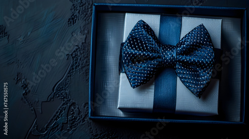 Gift father day. Blue bowtie or tie, white box with bow ribbon on dark background. Happy loving family and Fathers Day concept. copy space.