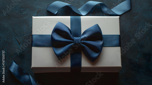 Gift father day. Blue bowtie or tie, white box with bow ribbon on dark background. Happy loving family and Fathers Day concept. copy space.