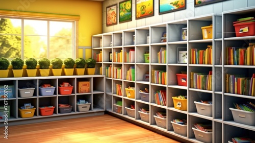 An organized classroom library with book bins