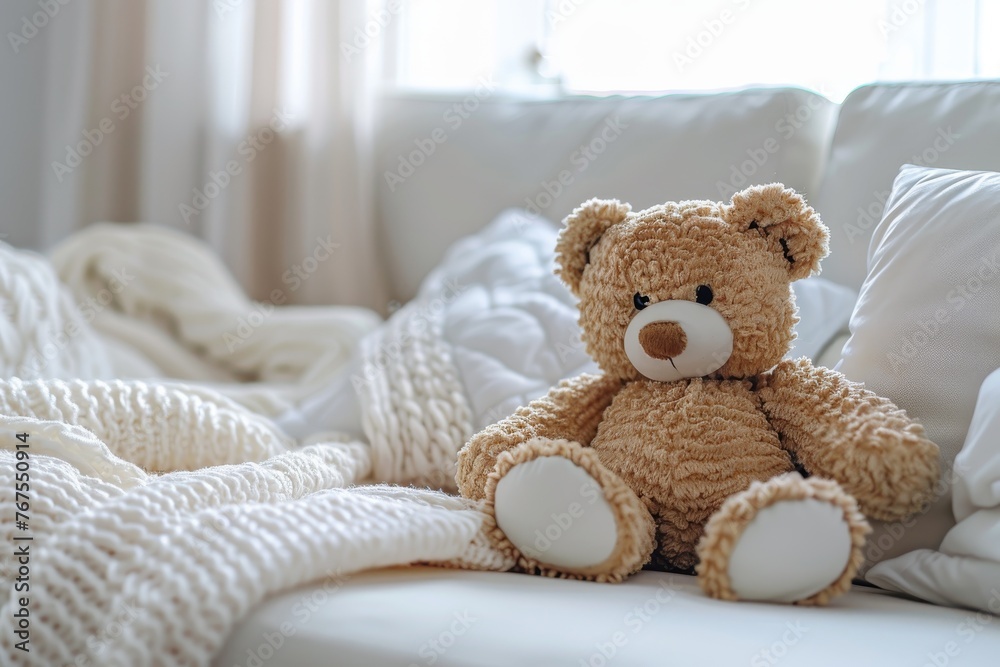 Teddy bear on white sofa with pillow and knitted blanket