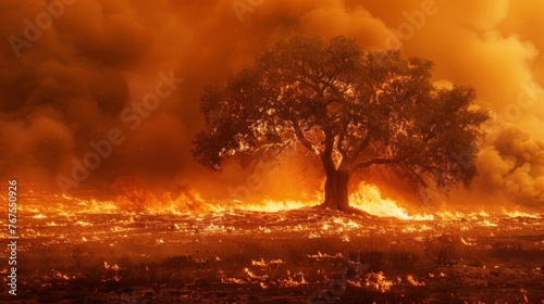 A standalone tree surrounded by a sea of orange and red as it succumbs to the scorching flames lapping at its base.